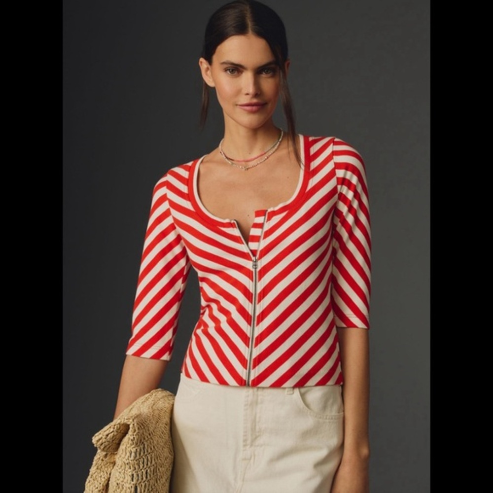 Anthropologie Maeve Scoop Neck Front Zip Tee Small Orange‎ & White Stripe…